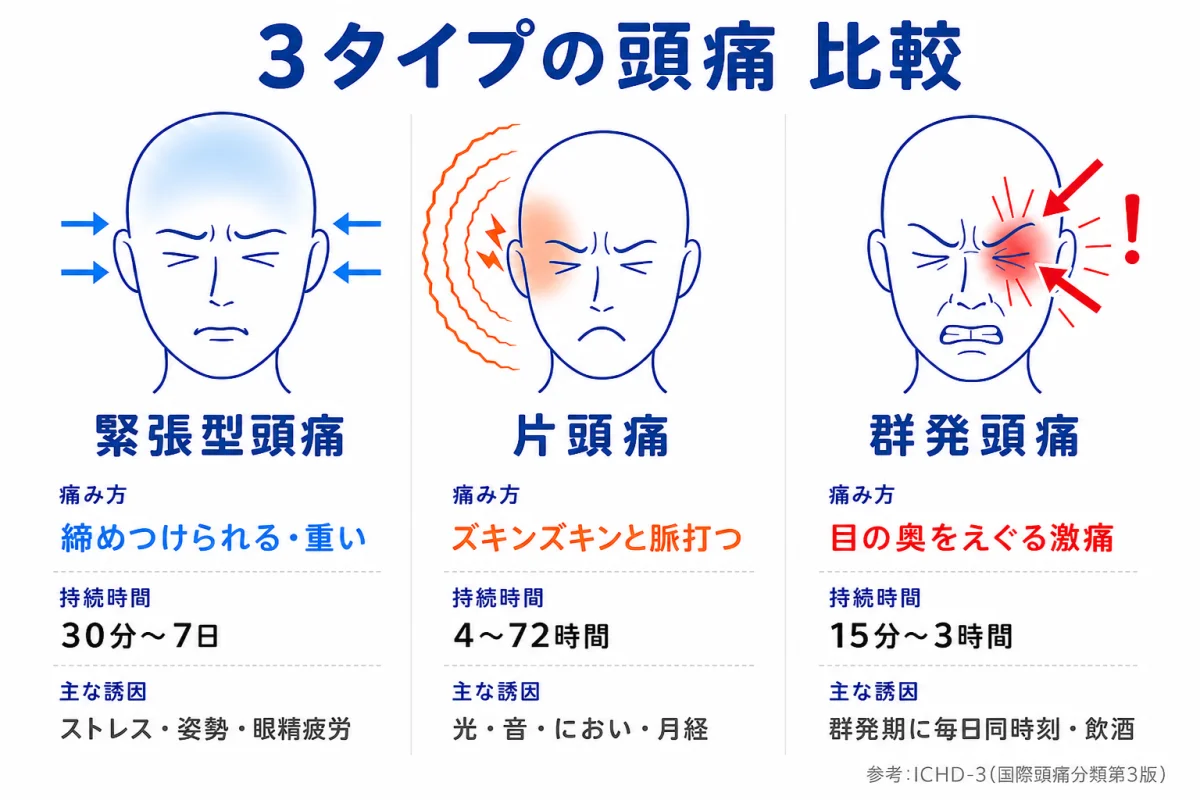3タイプの頭痛比較 — 緊張型頭痛(締めつけ・重い)・片頭痛(片側こめかみが脈打つ)・群発頭痛(片側目の奥の激痛)