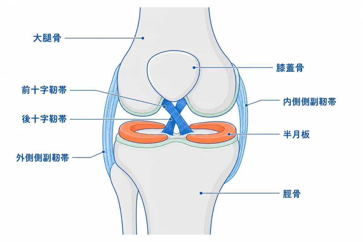 膝関節の解剖図 — 大腿骨・脛骨・膝蓋骨・半月板・前後十字靱帯・側副靱帯・関節軟骨