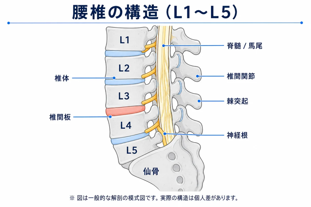 腰部脊柱管狭窄症の解剖図 — 加齢性変化により脊柱管が狭くなり馬尾・神経根が圧迫される病態