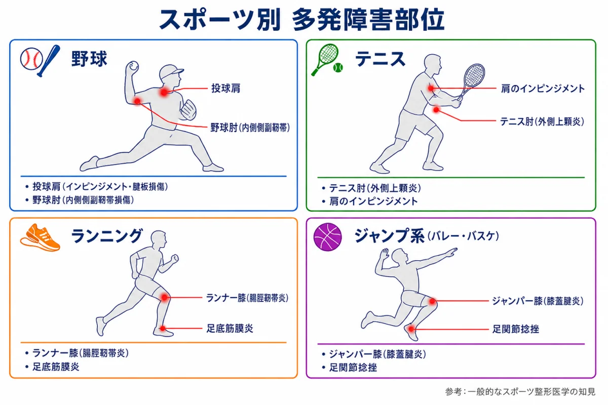 スポーツ別 多発障害部位 — 野球(投球肩・野球肘)・テニス(テニス肘・肩のインピンジメント)・ランニング(ランナー膝・足底筋膜炎)・ジャンプ系(ジャンパー膝・足関節捻挫)